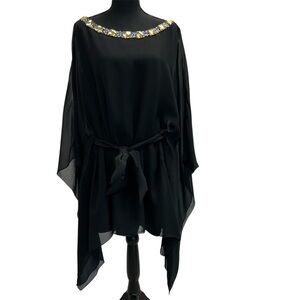 THEIA Black chiffon gem jewelled embellished blouse beach cover-up Sz L